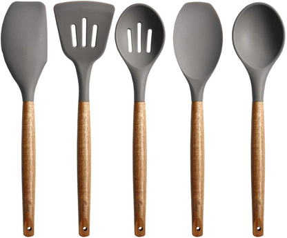 Skørter | Miusco Non-Stick Silicone Kitchen Utensil Set with Natural Acacia Hardwood Handle, 5 Double-Sided, Gray, High Heat Resistant