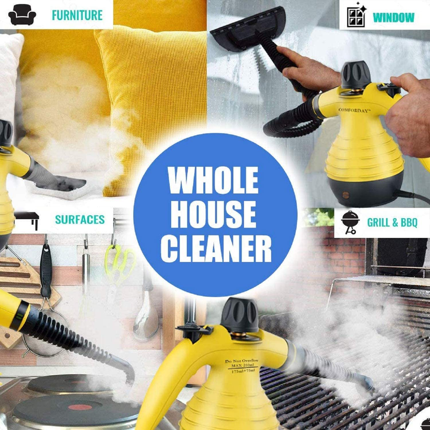 Skorter | Comforday Handheld Pressure Steam Cleaner - Multi-Purpose Eco-Friendly Steam Cleaner with 9-Piece Accessory Steam Cleaning Machine for Dust Removal, Curtains, Car Seats, Floors, Windows