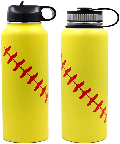 Skorter | 40 oz Softball Baseball Water Bottle, Thermosport with 2 Caps 18/8 Stainless Steel Mug Double Wall Vacuum Insulated Hot/Cold (40oz, Yellow Softball)