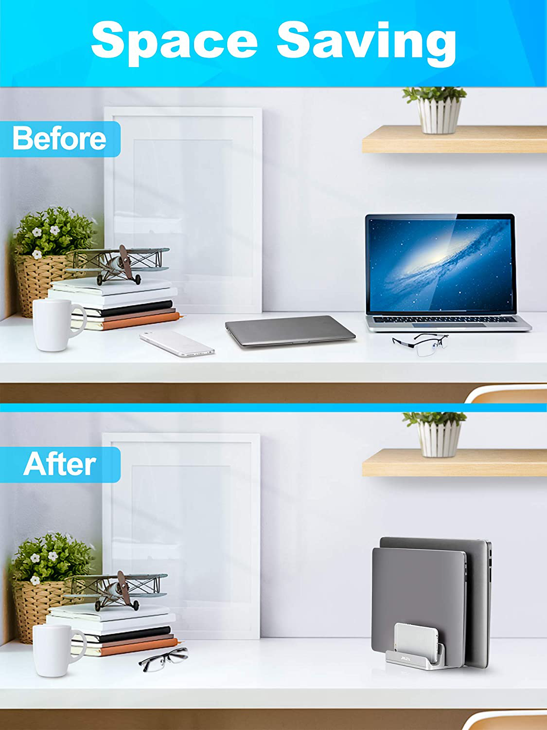 Skorter | Jarlink Adjustable Vertical Laptop Stand, Desk Stand Adjustable Laptop Holder With 2 Slots (Up To 17.3 Inches), Compatible With All Macbook Pro/Air/Microsoft Surface, Newly Developed, (Silver)