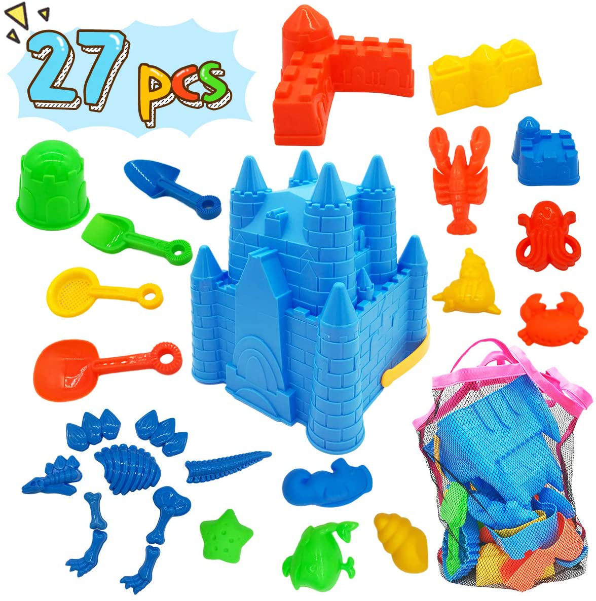 Skørter | Children's Beach Sand Toy Set, 27 pcs Beach Toy Castle Molds Sand Molds, Beach Bucket, Beach Spade Tool Kit, Sandbox Toys for Toddlers, for Toddlers Outdoor Indoor Play Gift 1 Bonus Net Bag Included