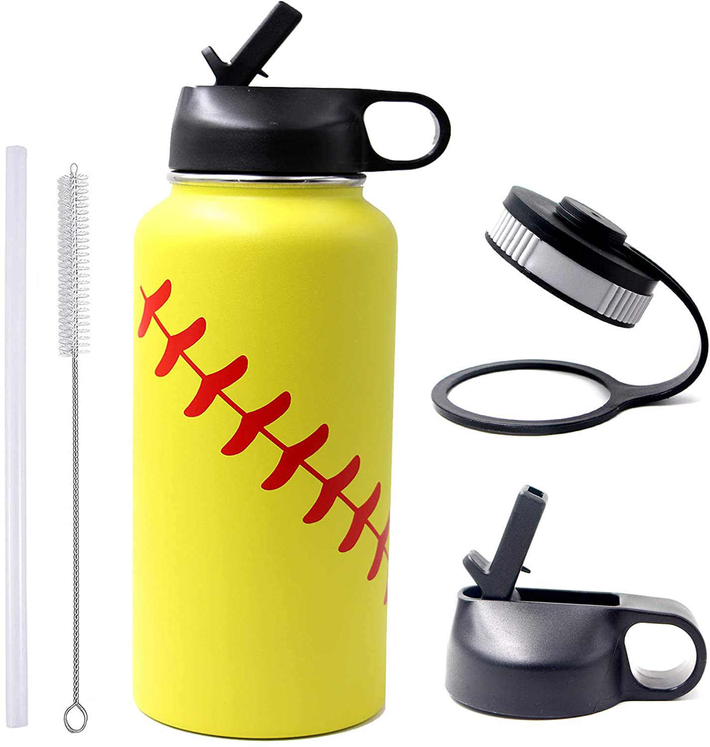 Skorter | 40 oz Softball Baseball Water Bottle, Thermosport with 2 Caps 18/8 Stainless Steel Mug Double Wall Vacuum Insulated Hot/Cold (40oz, Yellow Softball)