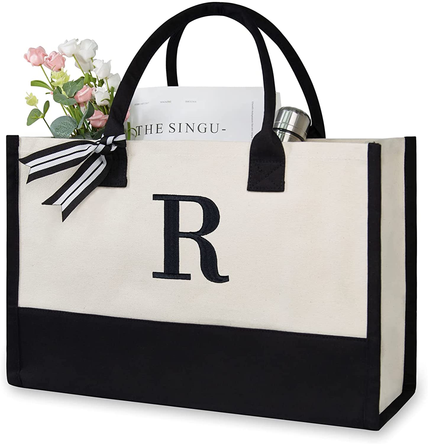 Skorter | Personal Initial Canvas Beach Bag, Monogram Gift Tote Bag for Women