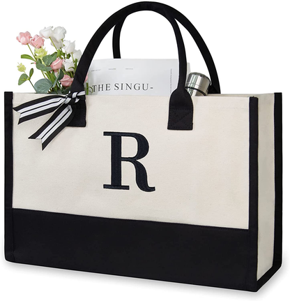 Skorter | Personal Initial Canvas Beach Bag, Monogram Gift Tote Bag for Women