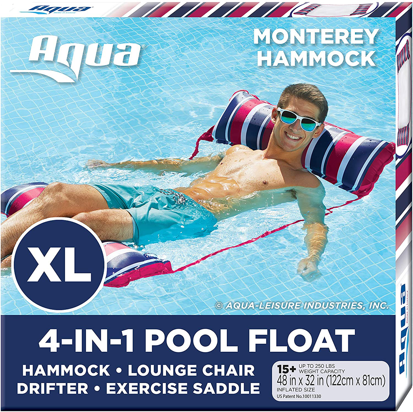 Skorter | Aqua 4-in-1 Monterey Hammock XL (Longer/Wider) Inflatable Swim Boat Chair, Water Hammock, Burgundy/Navy Stripes