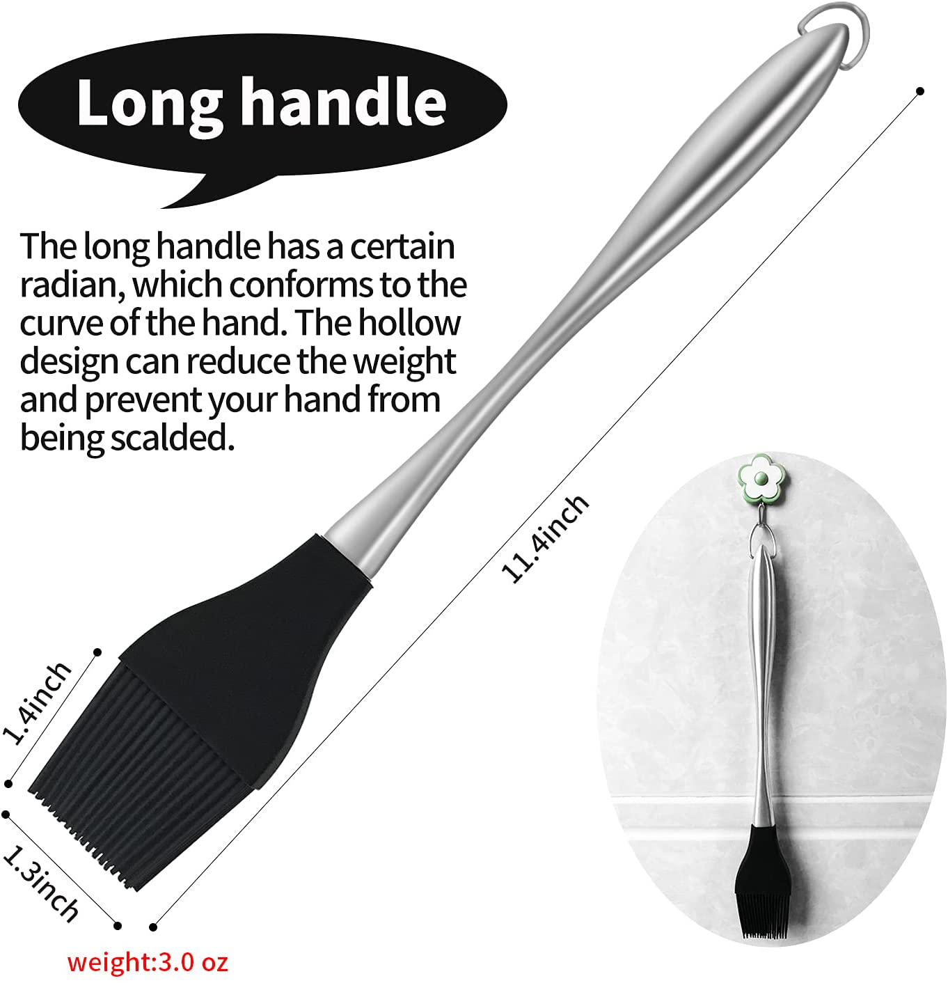 Skørter | Pastry Brush, Basting Brush, BBQ Brush with Silicone Bristles Head, 11.4 Inches Stainless Steel Hollow Long Handle