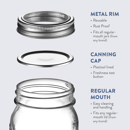 Skorter | Regular Mouth Glass Mason Jars, 16-Ounce Glass Canning Jars With Silver Metal Tight Lids And Bands With Measurement Marks, For Preserving, Storage, Meal Prep, Overnight Oats, Jam, Jelly, (10 Pack)