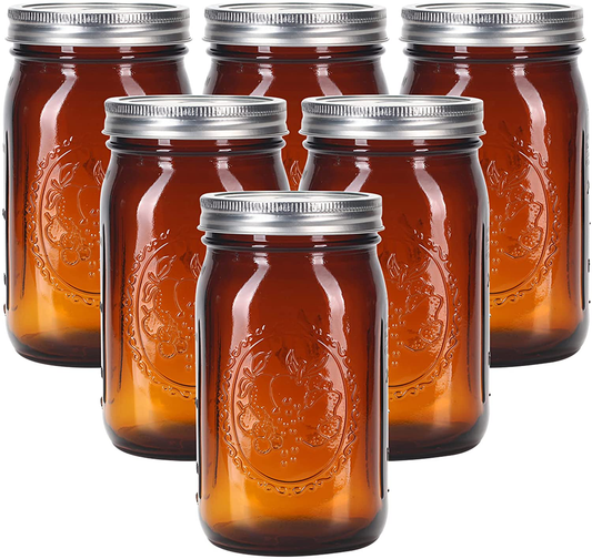 Skorter | Eleganttime Amber Glass Mason Jars 32 Oz Wide Mouth With Airtight Lids And Bands 6 Pack Large Glass Canning Mason Jars With Lids Quart Wide Mason Jars, Great For Canning Jar Pickle Fermenting Jam Jar