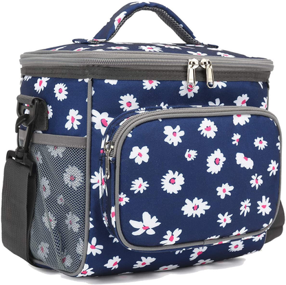 Skorter | Flowfly Insulated Reusable Lunch Box Adult Large Lunch Box For Women And Men With Adjustable Shoulder Strap Front Zipper Pocket And Double Large Mesh Side Pockets, Daisy