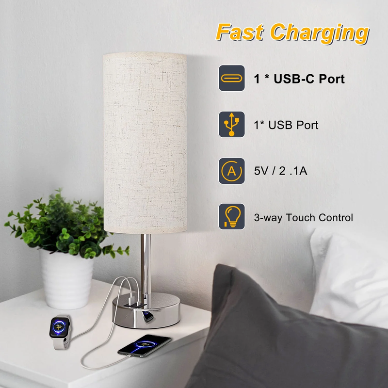 Skørter | 3 Ways Dimmable Touch Lamp, USB C&A Fast Charging Ports