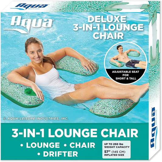 Skorter | Aqua LEISURE Mosaic 3-in-1 Pool Lounge Chair with Length Adjustment, Multi-use Inflatable (Chair, Drift, Lounge) Pool Floater, Green Mosaic (AZL17010MG)