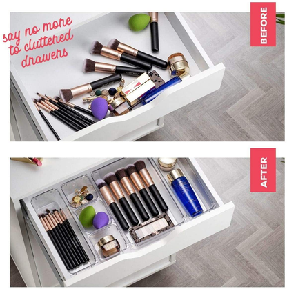 Skorter | 16 Pcs Drawer Organizer Set Dresser Desk Drawer Dividers - 5 Size Bathroom Mirror Cosmetic Makeup Tray - Multi-purpose Clear Plastic Storage Boxes for Jewelry, Kitchen Utensils and Office Supplies