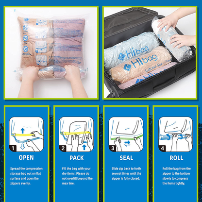 Skorter | 12 Travel Compression Bags, Hibag 12-Pack Roll-Up Space-Saving Storage Bags for Travel, Suitcase Size (12-Travel)