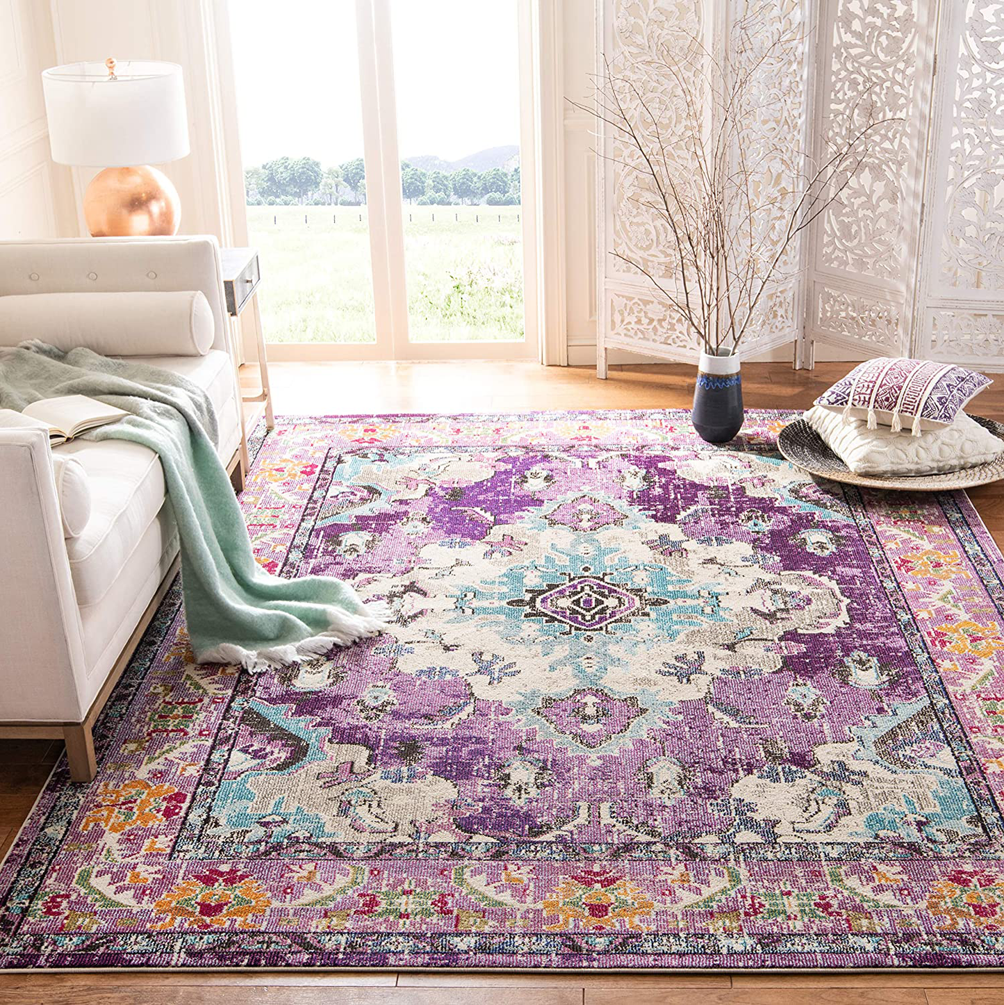 Skørter | Safavieh Monaco Collection MNC243L Boho Chic Medallion Distressed Non-Shedding Stain Resistant Living Room Bedroom Area Rug, 3' x 3' Square, Purple / Light Blue