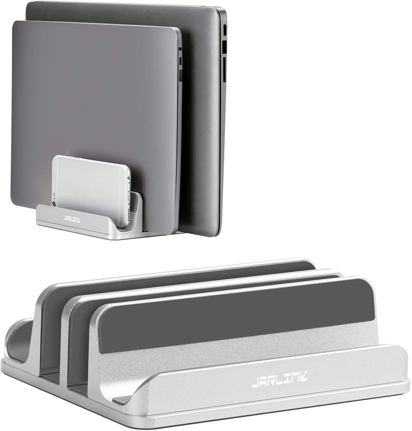 Skorter | Jarlink Adjustable Vertical Laptop Stand, Desk Stand Adjustable Laptop Holder With 2 Slots (Up To 17.3 Inches), Compatible With All Macbook Pro/Air/Microsoft Surface, Newly Developed, (Silver)