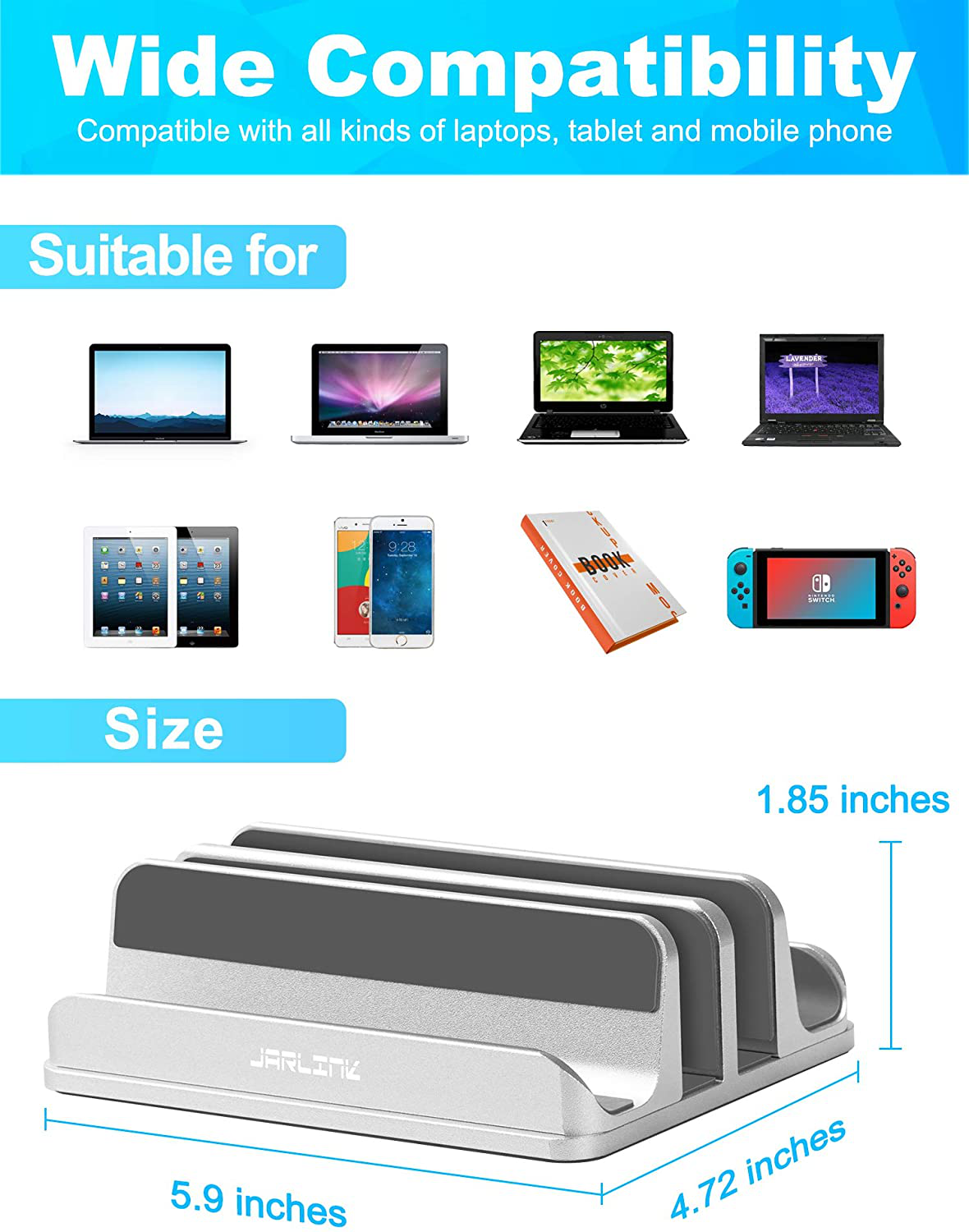 Skorter | Jarlink Adjustable Vertical Laptop Stand, Desk Stand Adjustable Laptop Holder With 2 Slots (Up To 17.3 Inches), Compatible With All Macbook Pro/Air/Microsoft Surface, Newly Developed, (Silver)