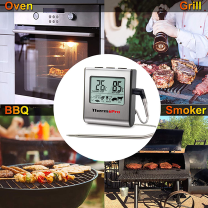 Skorter | ThermoPro TP-16 Large LCD Digital Cooking Meat Smoker Kitchen BBQ Grill Thermometer Clock Timer with Steel Probe