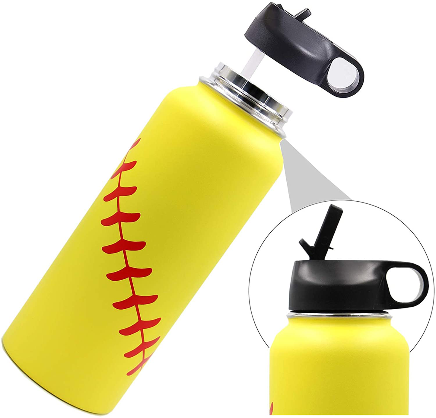 Skorter | 40 oz Softball Baseball Water Bottle, Thermosport with 2 Caps 18/8 Stainless Steel Mug Double Wall Vacuum Insulated Hot/Cold (40oz, Yellow Softball)