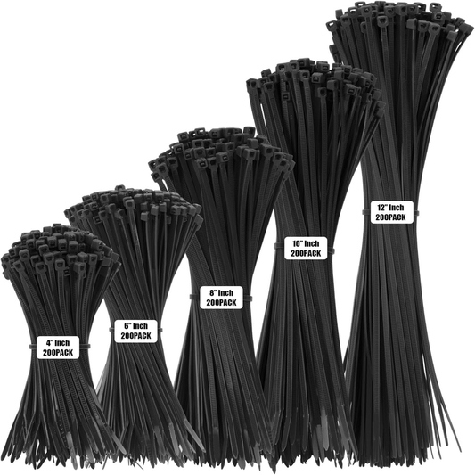 Skorter | 1000 PCS Self-Binding Heavy Duty Cable Zip Ties - 4+6+8+10+12 Inches