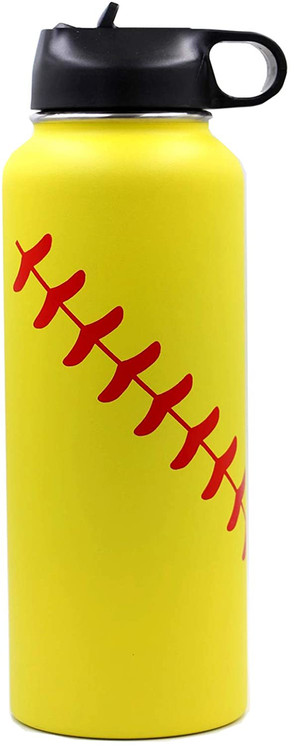 Skorter | 40 oz Softball Baseball Water Bottle, Thermosport with 2 Caps 18/8 Stainless Steel Mug Double Wall Vacuum Insulated Hot/Cold (40oz, Yellow Softball)