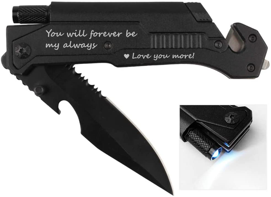 Skorter | Spouse birthday gift, pocket knife with 6 functions, LED light, fire starter, bottle opener, seat belt cutter, glass breaker, anniversary gift for men, boyfriend, Father's Day