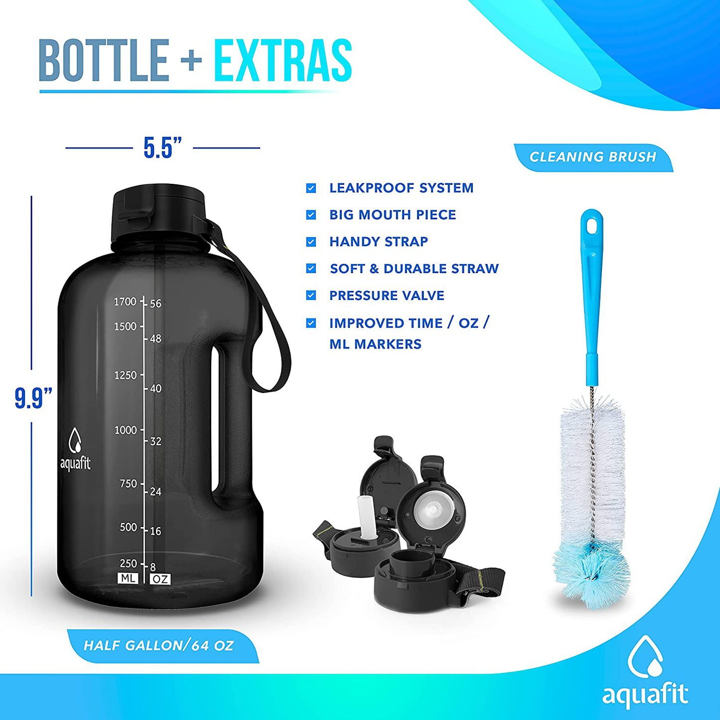 Skorter | AQUAFIT Half Gallon Water Bottle with Straw Half Gallon Water Jug Motivational Water Bottle 64 Ounce Water Bottle with Time Marker Large Water Bottle Large Water Bottle 1/2 Gallon Water Jug Large Water Jug Gray