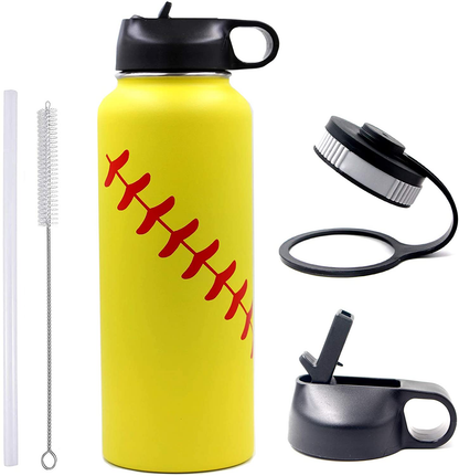 Skorter | 40 oz Softball Baseball Water Bottle, Thermosport with 2 Caps 18/8 Stainless Steel Mug Double Wall Vacuum Insulated Hot/Cold (40oz, Yellow Softball)