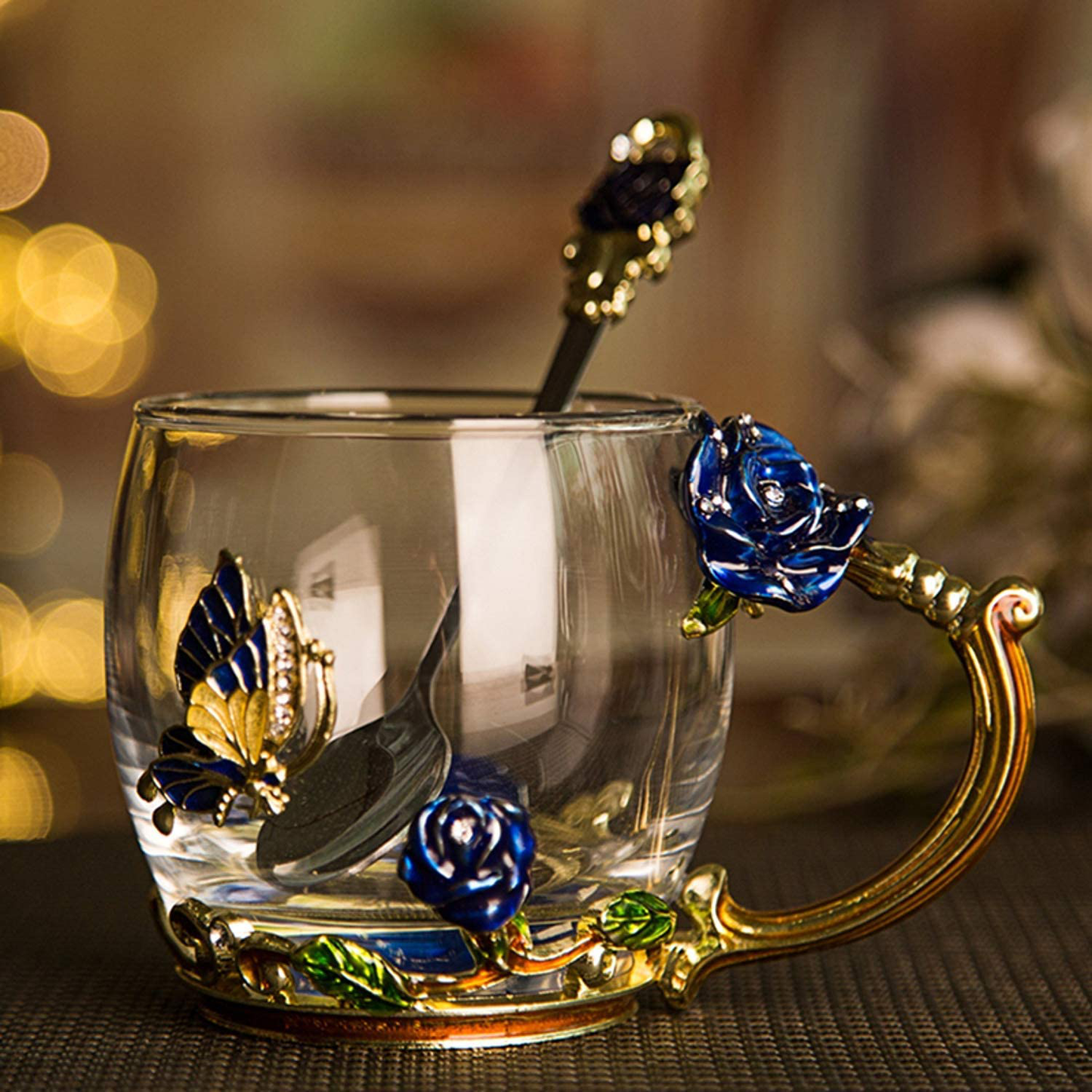 Skorter | Luka Tech Enamel Butterfly Flower Lead-Free Glass Coffee Cup Tea Mug with Steel Spoon, Best Birthday Gifts For Woman Wife Mother Friends Mothers Valentine's Day Christmas (Purple-High)