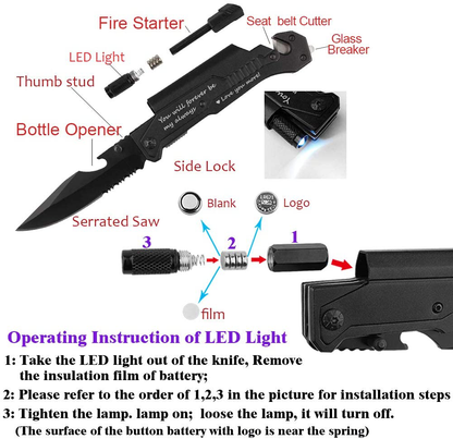 Skorter | Spouse birthday gift, pocket knife with 6 functions, LED light, fire starter, bottle opener, seat belt cutter, glass breaker, anniversary gift for men, boyfriend, Father's Day