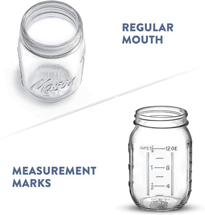 Skorter | Regular Mouth Glass Mason Jars, 16-Ounce Glass Canning Jars With Silver Metal Tight Lids And Bands With Measurement Marks, For Preserving, Storage, Meal Prep, Overnight Oats, Jam, Jelly, (10 Pack)