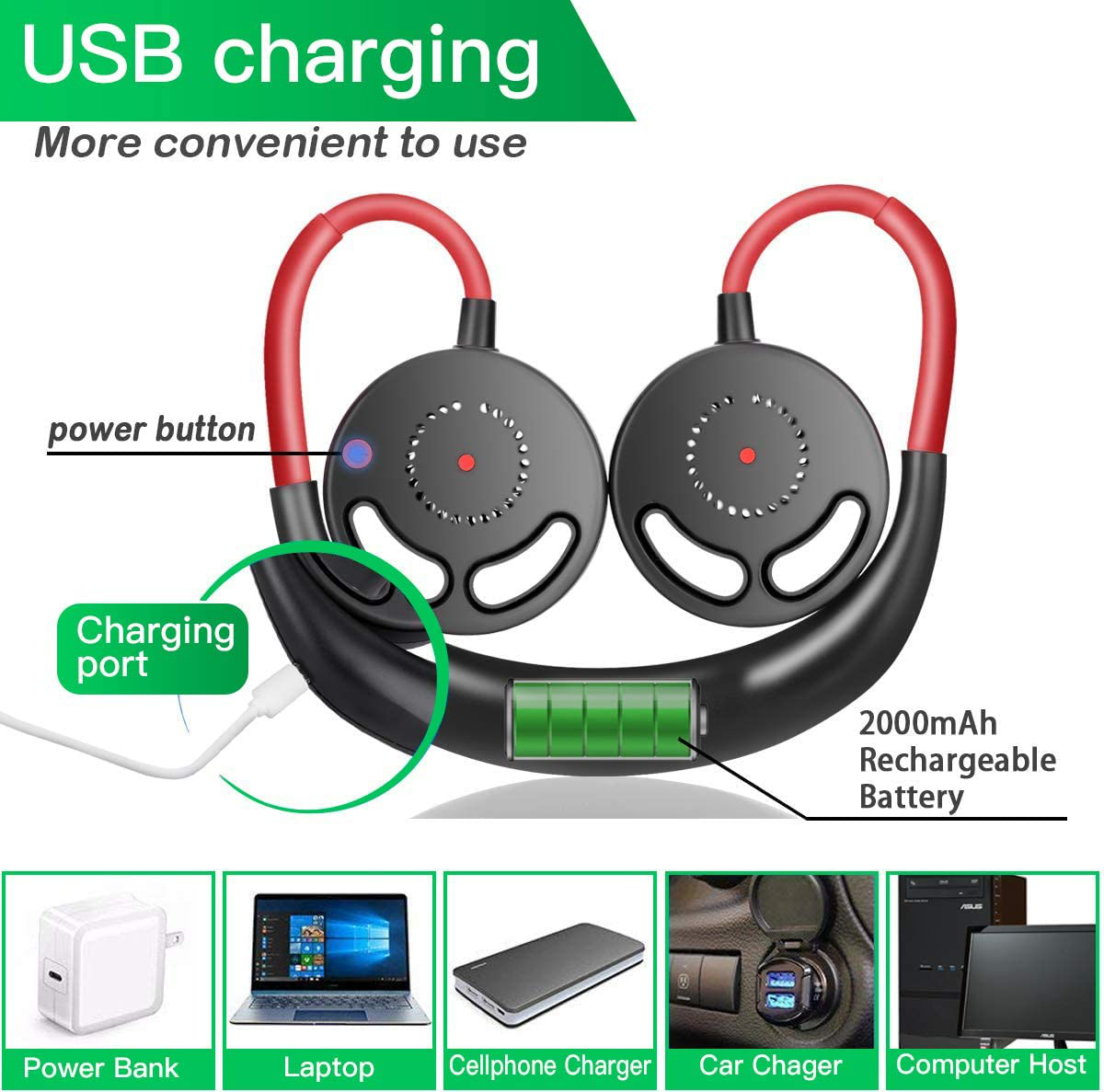Skørter | Hands-free Portable Neck Fan, Mini USB Bladeless Personal Fan with Neck Hanging Design USB Battery Rechargeable with 3 Speeds Adjustable Airflow, 2 Wind Modes for Travel Outdoor Office Home Sports