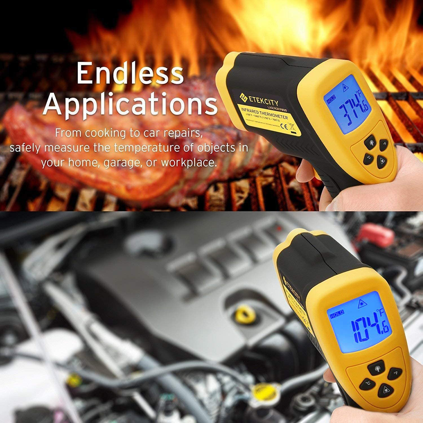 Skorter | Etekcity Infrared Thermometer 800 (Not for humans) Non-Contact Digital Temperature Gun, 16:1 DTS Ratio, 58℉ to 1382℉ (-50℃ to 750℃), Yellow and Black