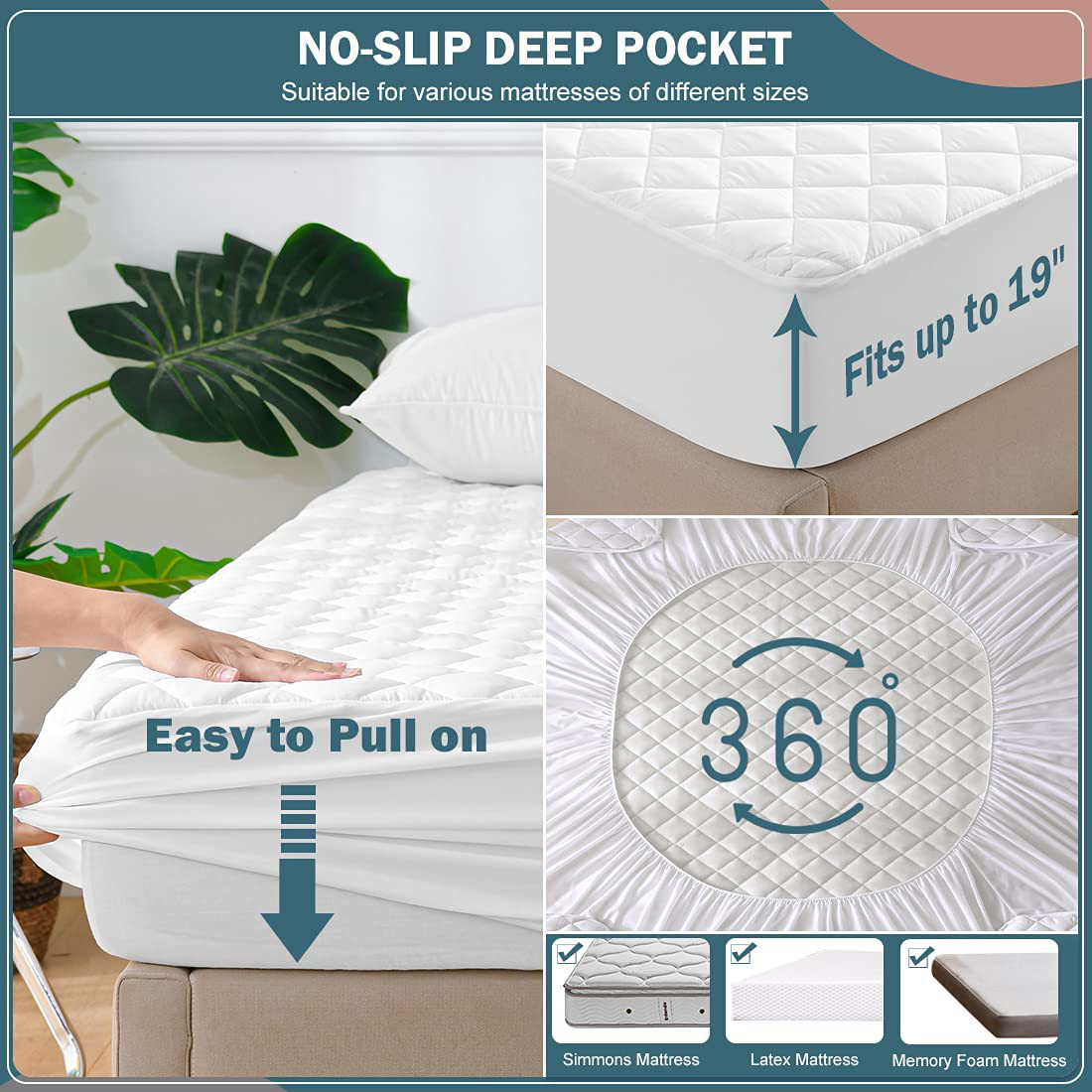 Skorter | Unilibra 100% waterproof quilted mattress protector Cal King size, 6''-25'' deep pocket mattress protector cover, breathable, hollow cotton alternative filled mattress topper
