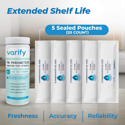 Skorter | 17 in 1 Premium Drinking Water Test Kit - 100 Strips + 2 Bacteria Tests - Home Water Quality Test - Brown Water and Tap Water - Easy Testing for Lead, Bacteria, Hardness, Fluoride, pH, Iron, Copper and more!