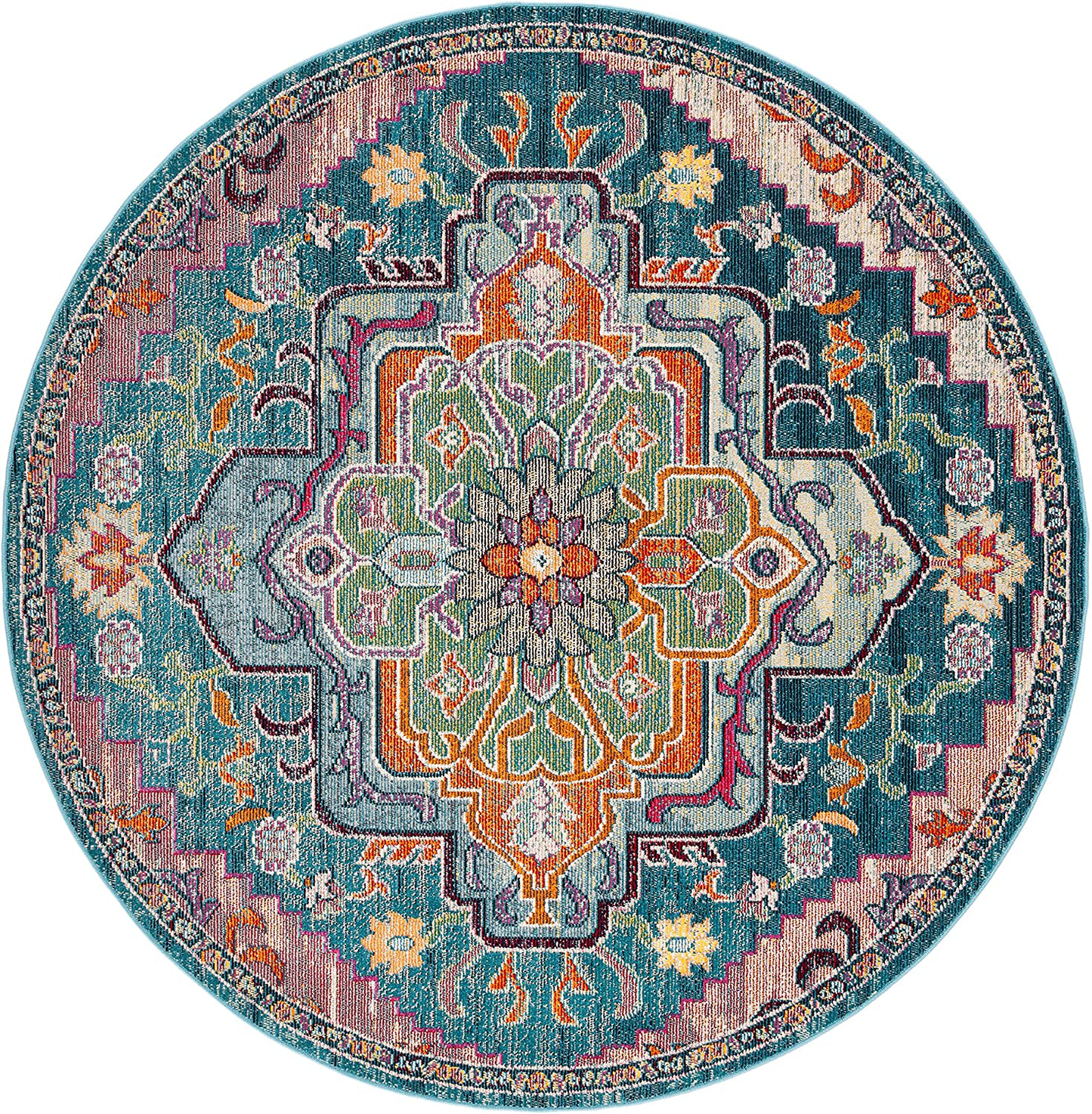 Skørter | Safavieh Crystal Collection CRS501B Boho Chic Oriental Medallion Distressed Non-Shedding Stain Resistance Living Room Bedroom Area Rug, 4' x 4' Square, Light Blue / Fuchsia