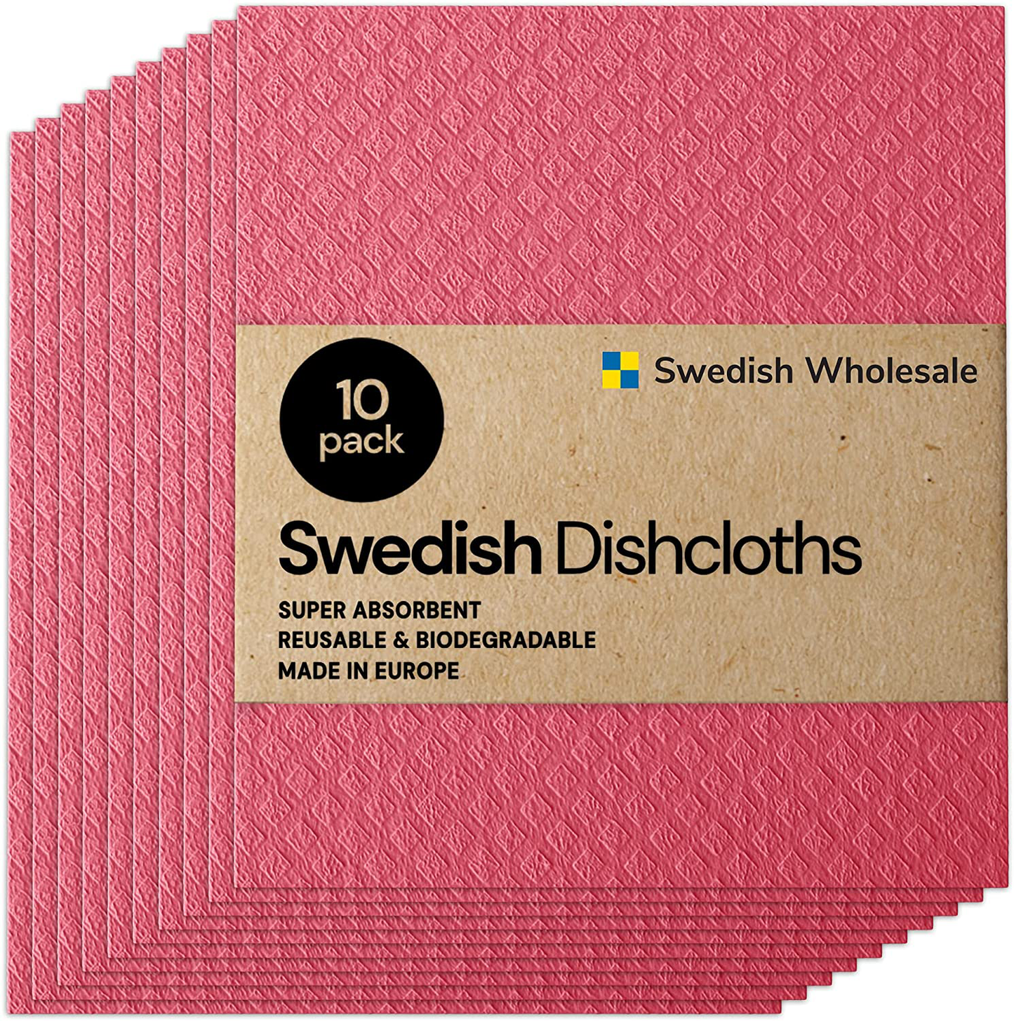 Skørter | Swedish wholesale Swedish dishcloths - Pack of 10, reusable, absorbent towels for kitchen, bathroom, and countertop cleaning - Cellulose sponge cloth - Red