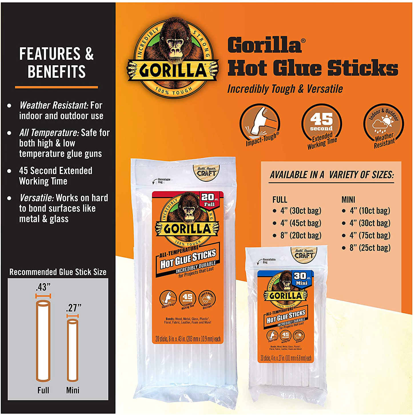 Skørter | Gorilla Dual Temp Mini Glue Gun Kit with 75 Glue Sticks, (Package of 1)