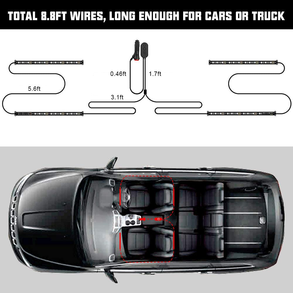 Skorter | SUNPIE Car Interior Lights, Car Strip Lights with App and Remote Control Waterproof LED Atmosphere Car Lights Comes with 48 LED Chips 2.7 m Length Indoor Lights with DC 12V Car Adapter Synchronize with Music