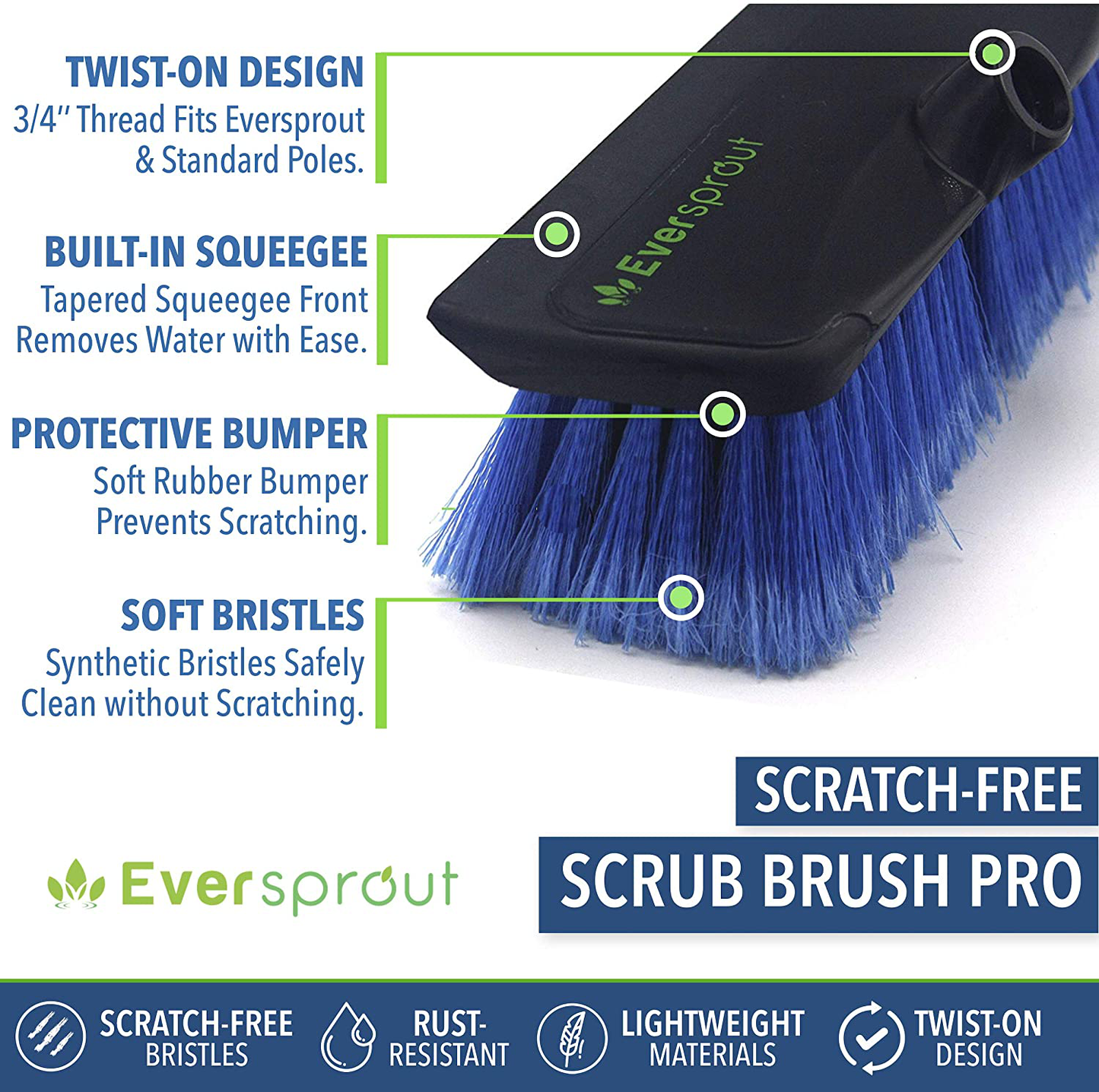 Skorter | Eversprout 1.5-to-3.5 Foot Scrubber Brush | Built-in Rubber Bumper | Lightweight Extendable Handle | Soft Bristles Wash Car, Vehicle, Boat, Solar Panel, Deck | No Scratch Brush