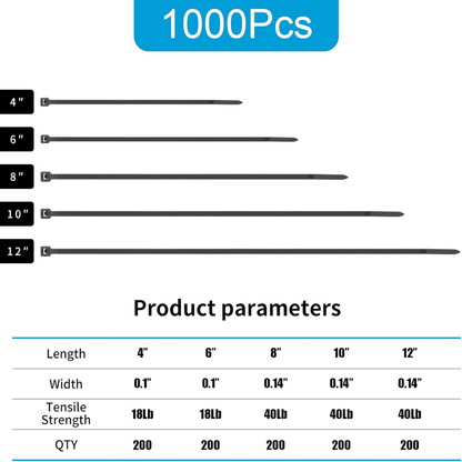 Skorter | 1000 PCS Self-Binding Heavy Duty Cable Zip Ties - 4+6+8+10+12 Inches
