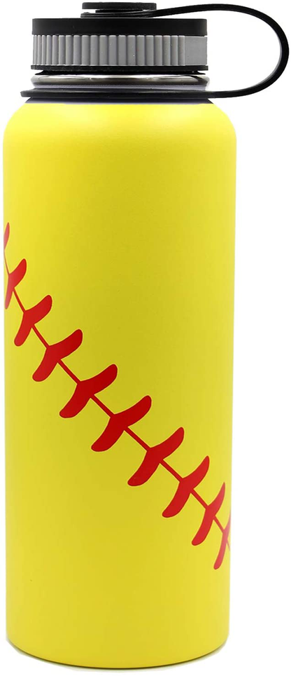 Skørter | 40 oz Softball Baseball Water Bottle, Sport Bottle with 2 Lids 18/8 Stainless Steel Tumbler Double-Walled Vacuum Insulated Hot/Cold (40oz, Yellow Softball)