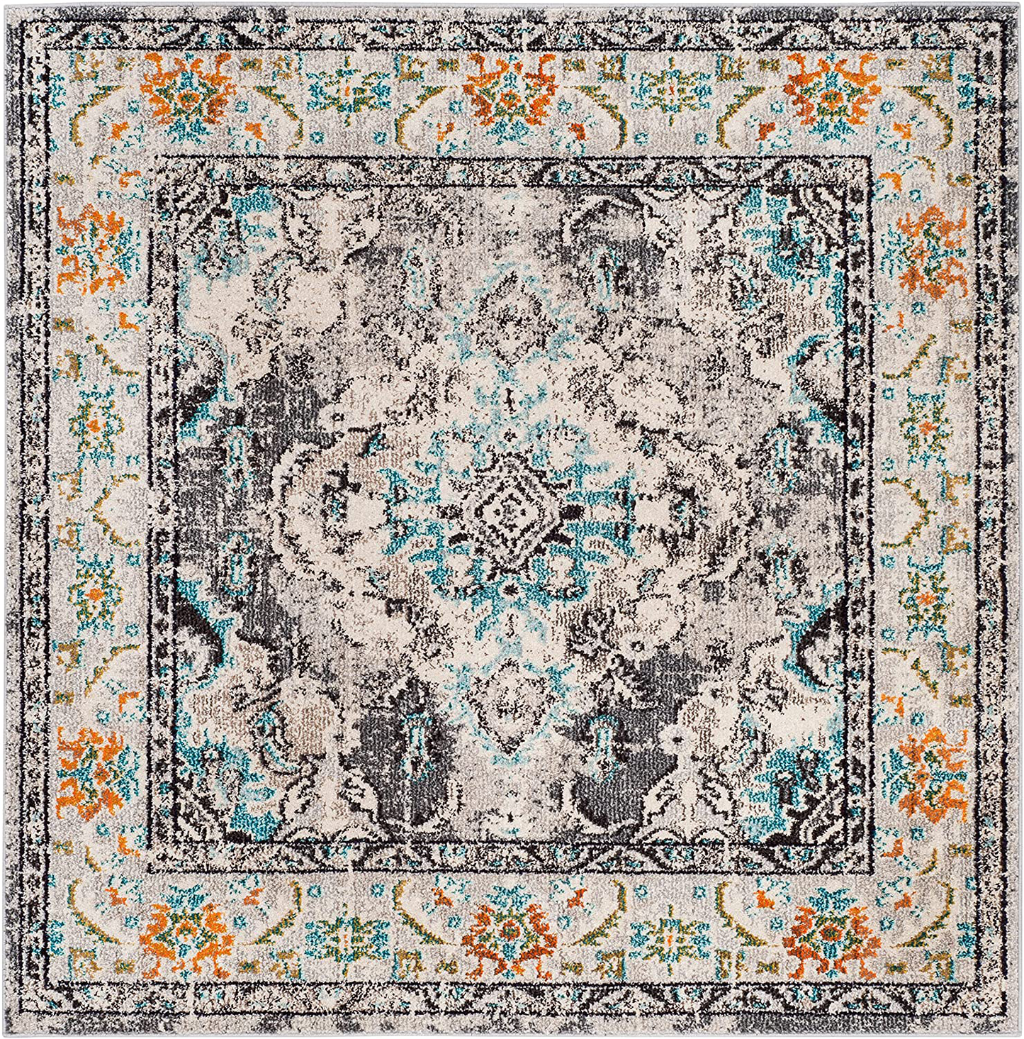 Skørter | Safavieh Monaco Collection MNC243G Boho Chic Medallion Distressed Non-Shedding Stain Resistant Living Room Bedroom Area Rug, 3' x 3' Square, Gray / Light Blue