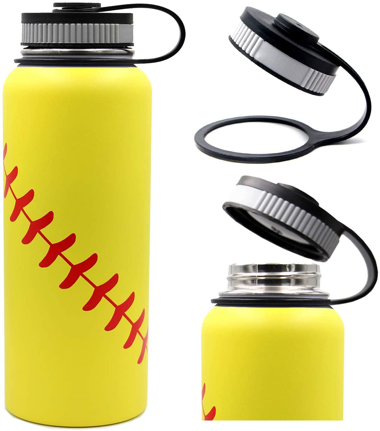 Skorter | 40 oz Softball Baseball Water Bottle, Thermosport with 2 Caps 18/8 Stainless Steel Mug Double Wall Vacuum Insulated Hot/Cold (40oz, Yellow Softball)