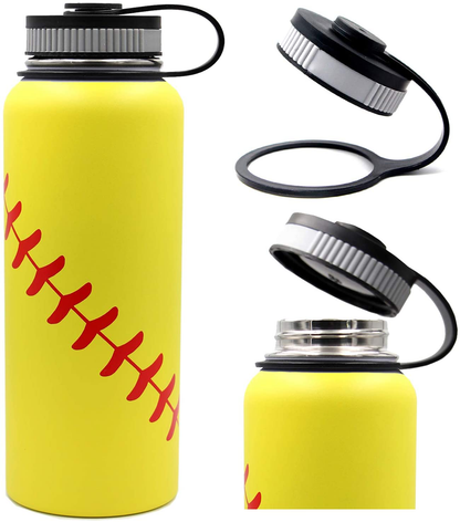 Skorter | 40 oz Softball Baseball Water Bottle, Thermosport with 2 Caps 18/8 Stainless Steel Mug Double Wall Vacuum Insulated Hot/Cold (40oz, Yellow Softball)