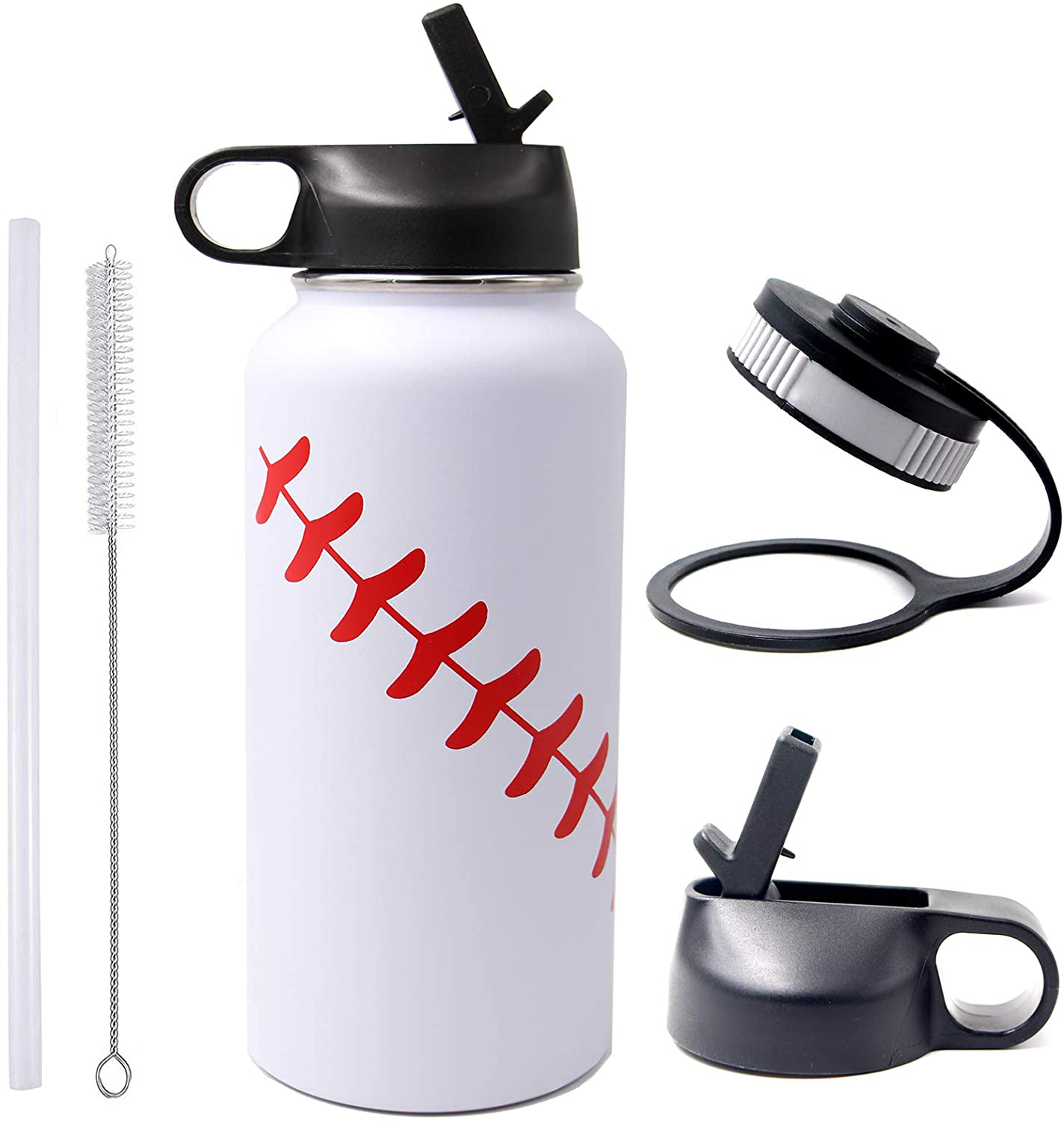 Skorter | 40 oz Softball Baseball Water Bottle, Thermosport with 2 Caps 18/8 Stainless Steel Mug Double Wall Vacuum Insulated Hot/Cold (40oz, Yellow Softball)