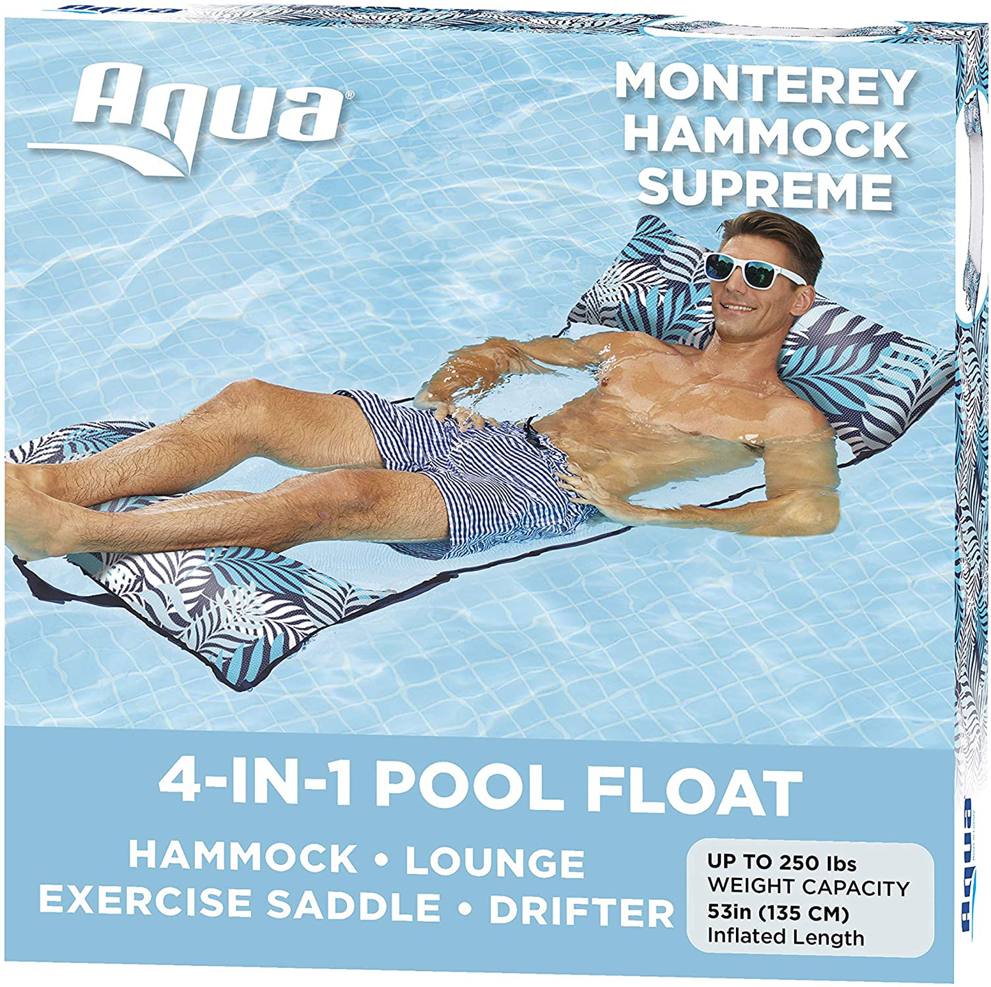 Skorter | Aqua LEISURE Supreme Soft Resort Quality Monterey Hammock, 4-in-1 Multi-Purpose Inflatable Pool Float (Saddle, Lounge Chair, Hammock, Drifter), Soft AirMesh Fabric, Blue Fern (AZL18904Z)