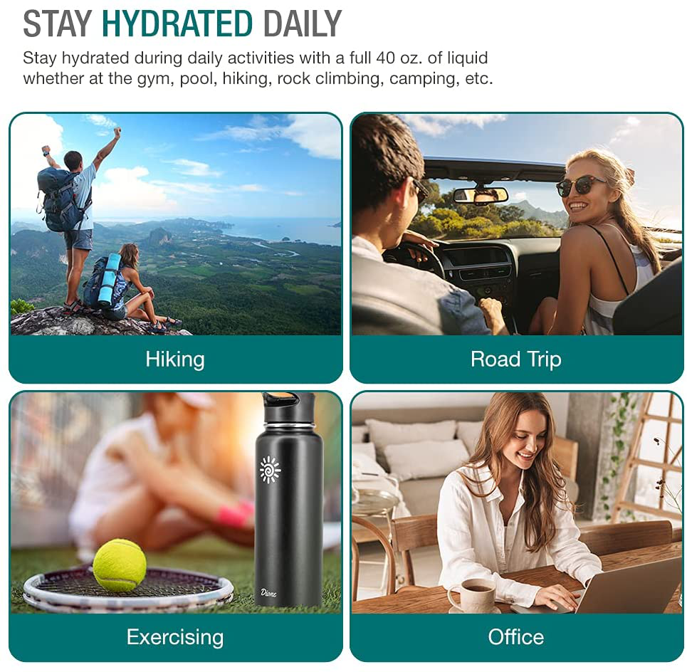 Skorter | Dione Water Bottle 40 oz. Bottle Double Wall Stainless Steel & Vacuum Insulated (Black) Sports Hydro Container for Home, Office, School, Outdoor Camping (Standard Mouth / Leak Proof / BPA Free Cap)