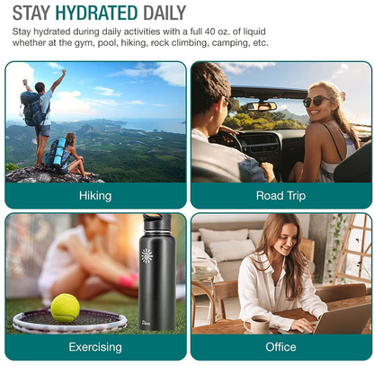 Skorter | Dione Water Bottle 40 oz. Bottle Double Wall Stainless Steel & Vacuum Insulated (Black) Sports Hydro Container for Home, Office, School, Outdoor Camping (Standard Mouth / Leak Proof / BPA Free Cap)