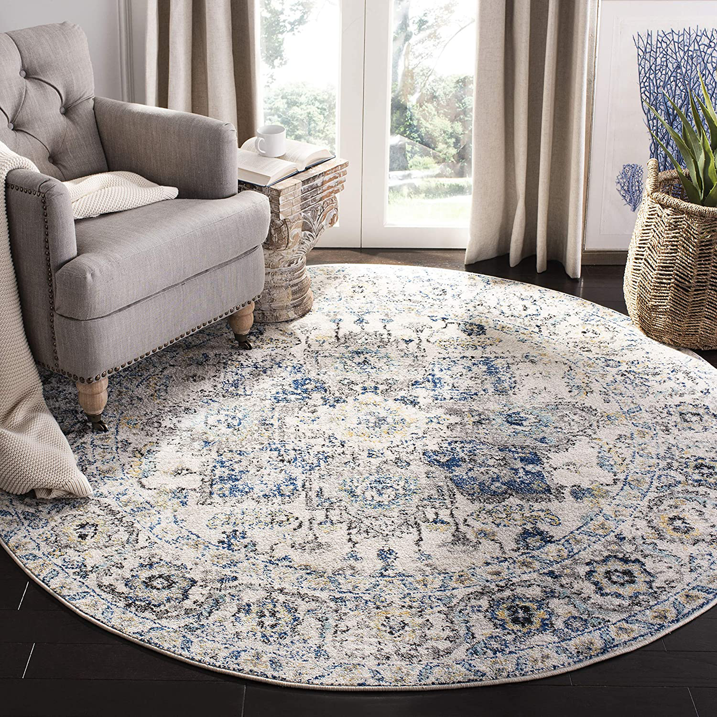 Skørter | Safavieh Madison Collection MAD603F Oriental Snowflake Medallion Worn Non-Shedding Dining Room Entry Foyer Living Room Bedroom Area Rug, 5'3" x 5'3" Round, Gray / Ivory