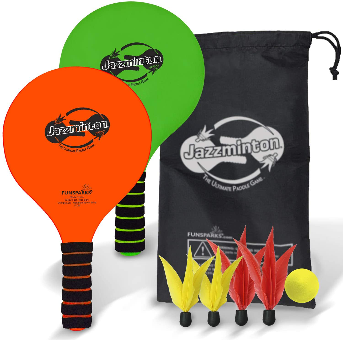 Skørter | Jazzminton Paddle Ball Game with Carrying Case - Indoor Outdoor Toy - Play on the Beach, Lawn or Backyard - 2 Wooden Rackets - 4 Shuttlecocks - 1 Ball